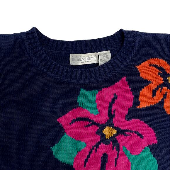 Vintage Elisabeth Navy Sweater with 2 Large Flowers - Plus 1X - 80s - Floral - Picture 3 of 8